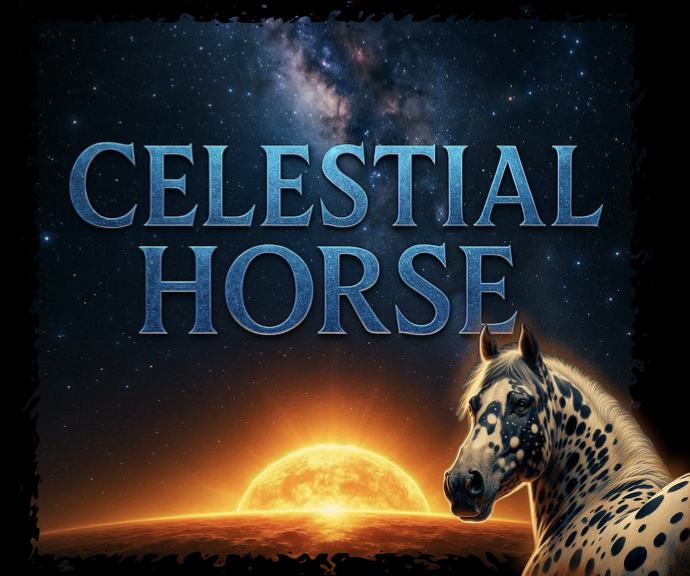 Legendary Celestial Horse Celestial Horse spotted heritage breed with dramatic solar space background symbolizing ancient cosmic significance